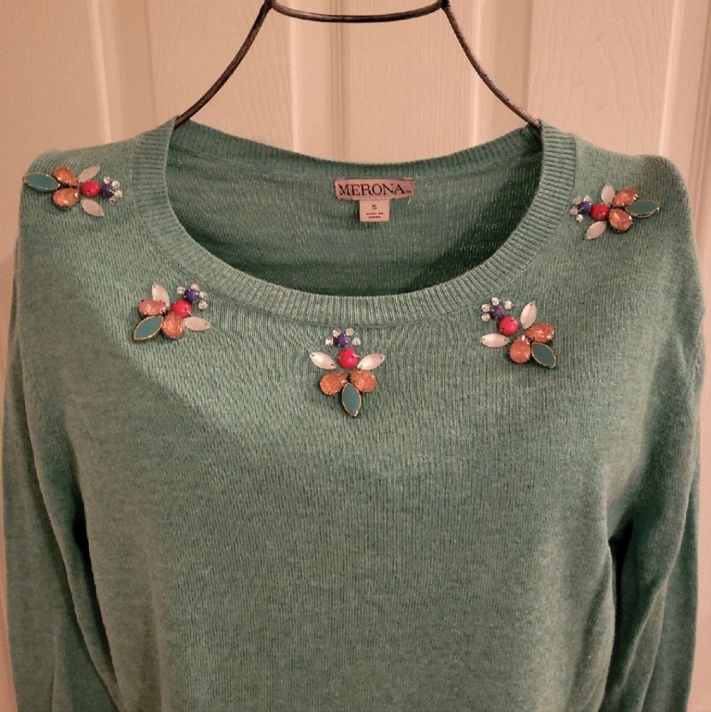 Turquoise Bejeweled Collar Sweater